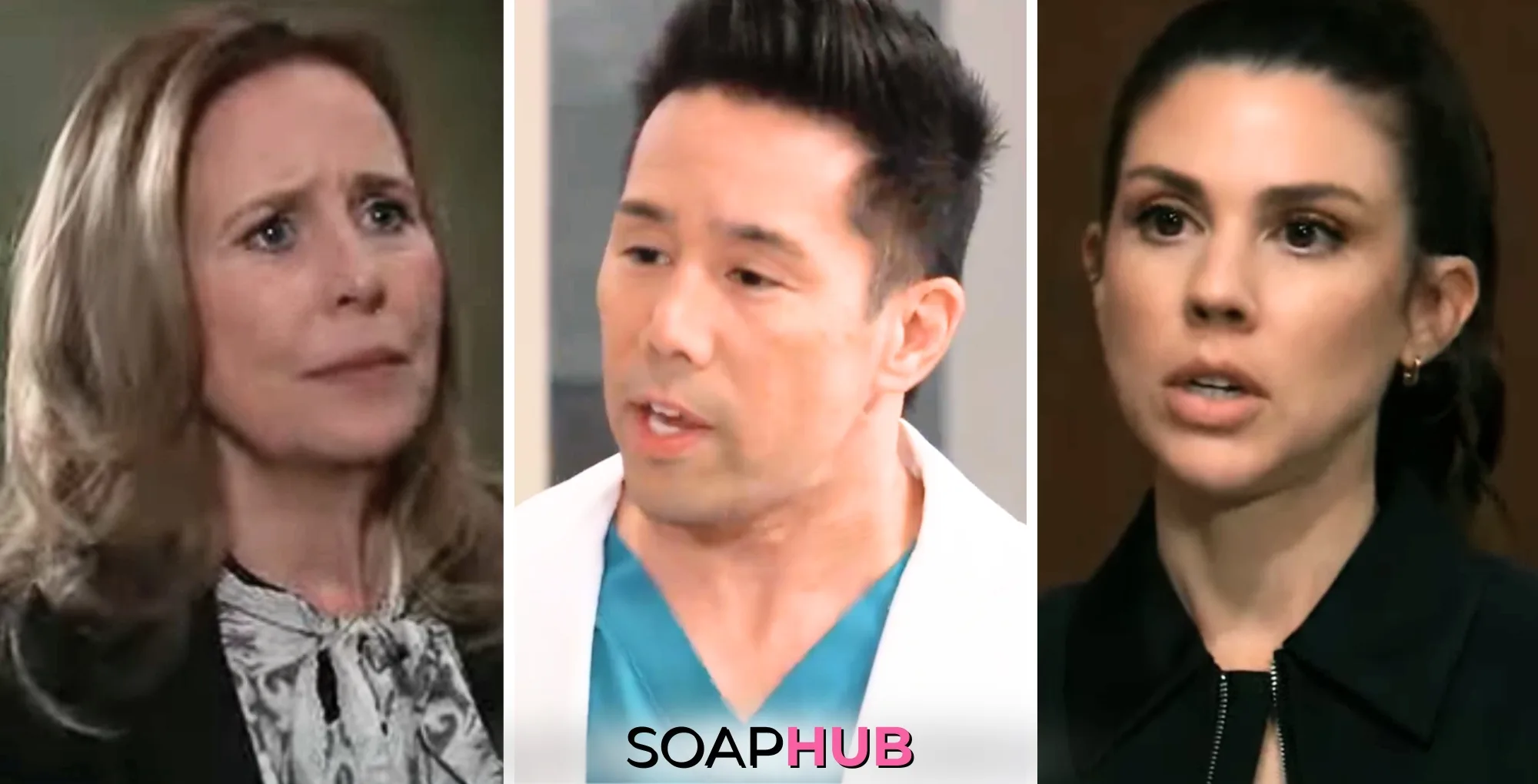 Laura, Brad, and Kristina on General Hospital with the Soap Hub logo across the bottom.