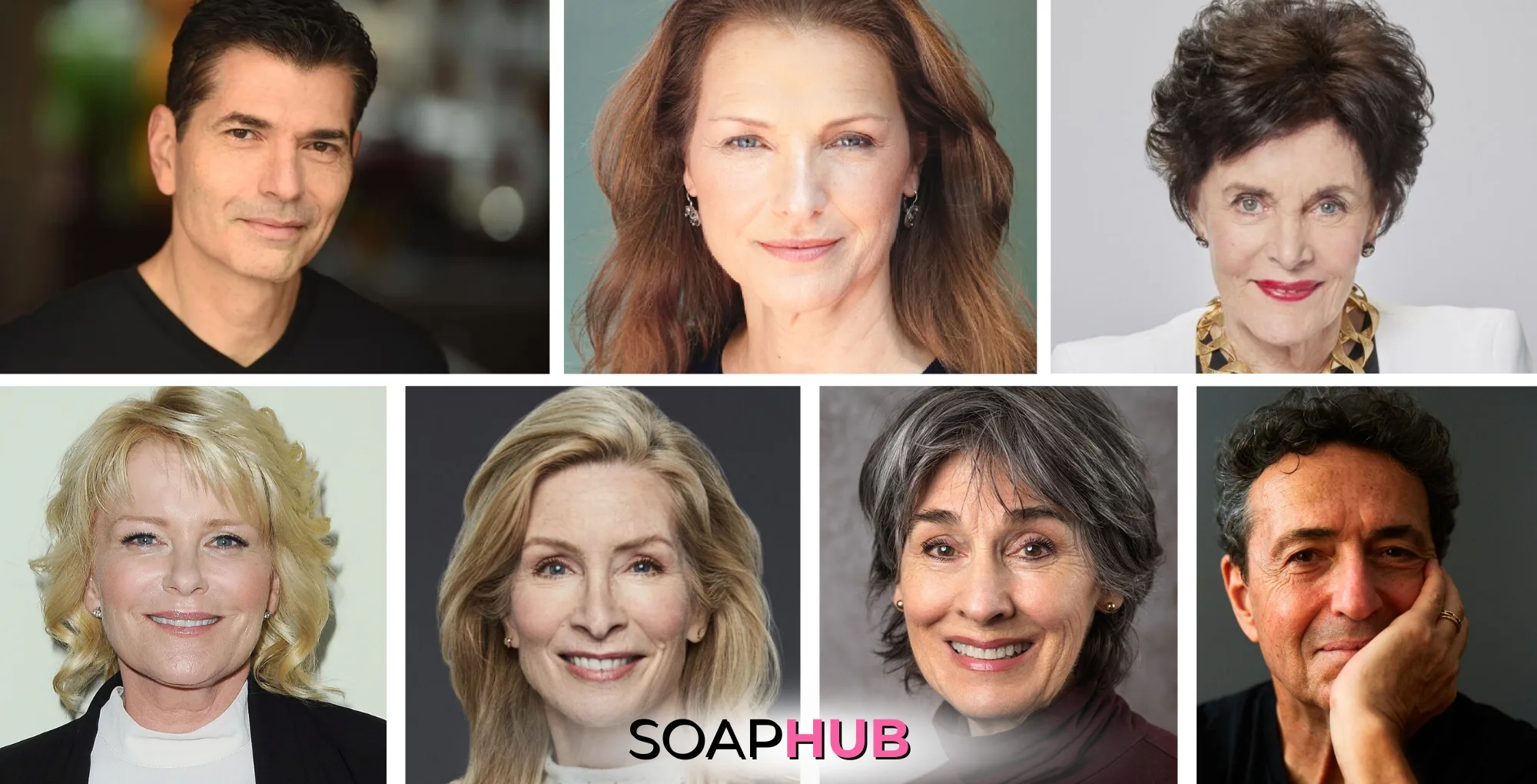 Joe Barbara, Alice Barrett-Mitchell, Linda Dano, Judi Evans, Anna Holbrook, Stephen Schnetzer, and Anna Stuart with the Soap Hub logo.