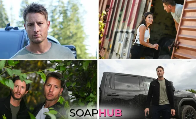 Image featuring soap alums Justin Hartley, Jensen Ackles, and Sofia Pernas, with Soap Hub logo