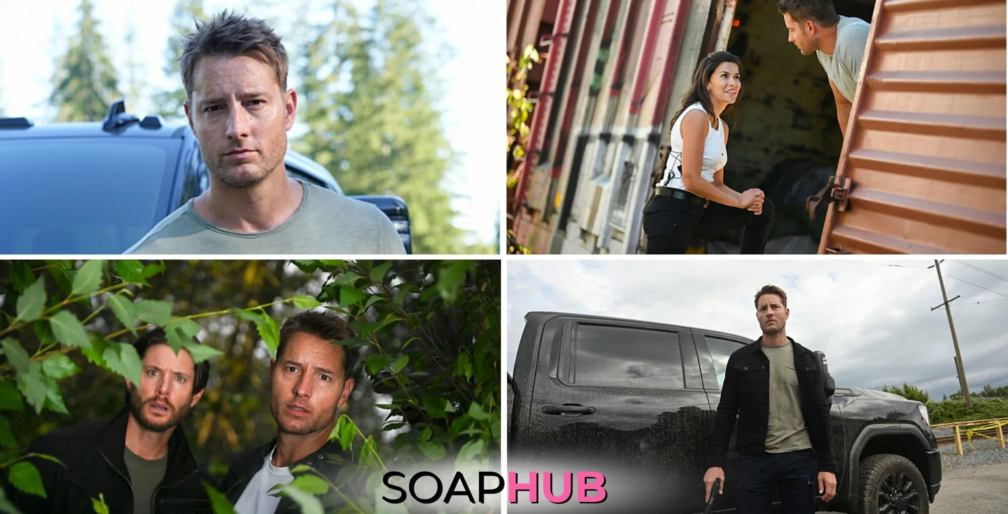 Image featuring soap alums Justin Hartley, Jensen Ackles, and Sofia Pernas, with Soap Hub logo