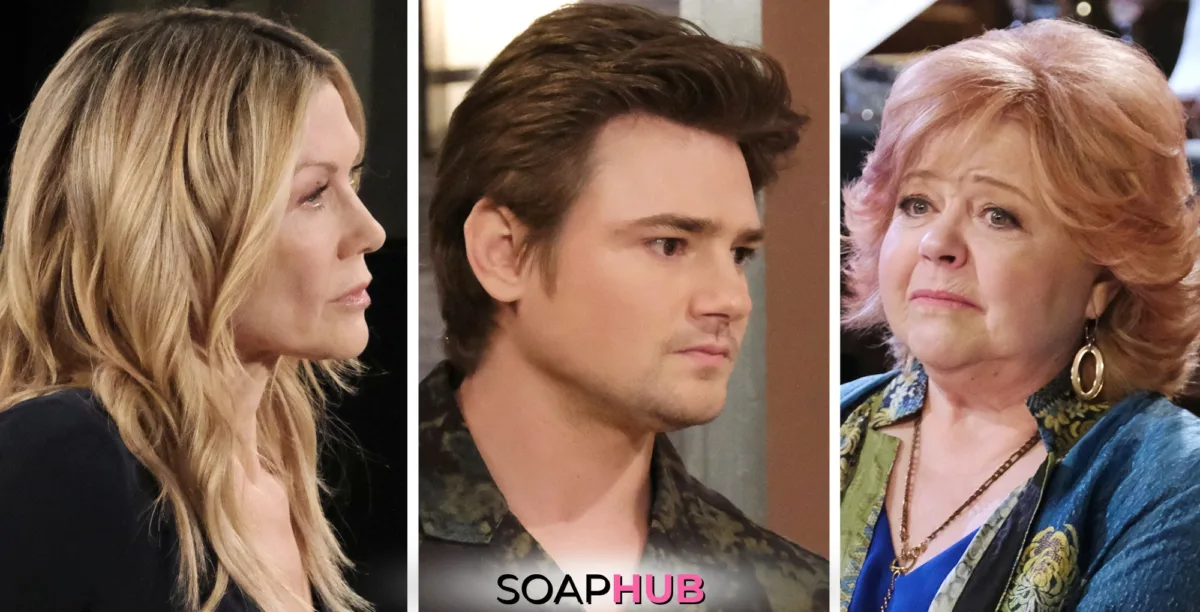 Days Of Our Lives Spoilers for the week of October 21-25, 2024, featuring Kristen, Johnny, and Nancy, with the Soap Hub Logo on the bottom