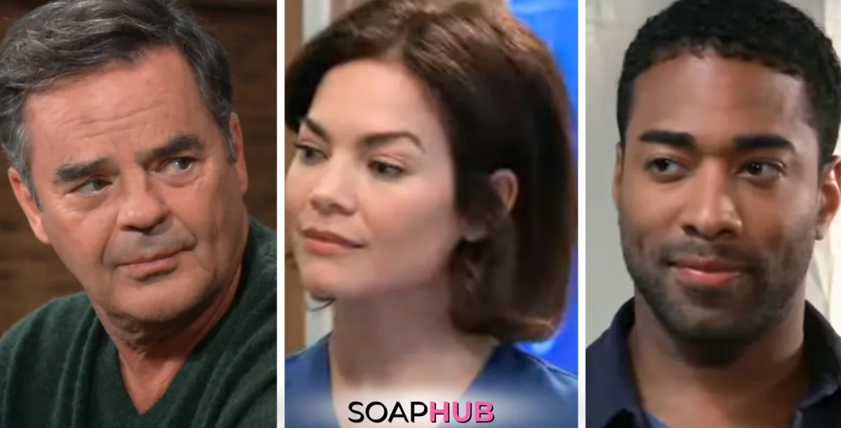 Ned, Elizabeth, and Isaiah on General Hospital with the Soap Hub logo across the bottom.