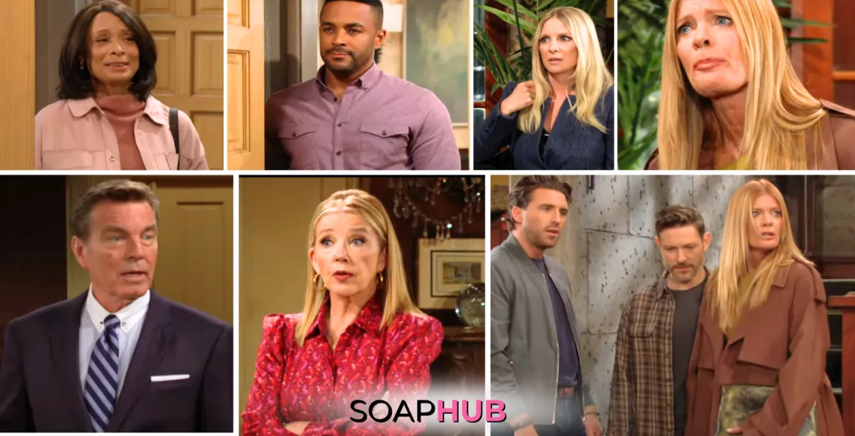 The Young and the Restless characters Amy, Nate, Christine, Phyllis, Jack, Nikki, Chance, and Daniel; with the Soap Hub logo.