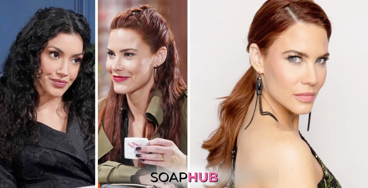 Young and the Restless Audra, Sally, and Courtney Hope with Soap Hub logo.