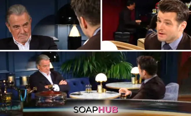 Kyle and Victor from The Young and the Restless's October 17 episode, with Soap Hub Logo.