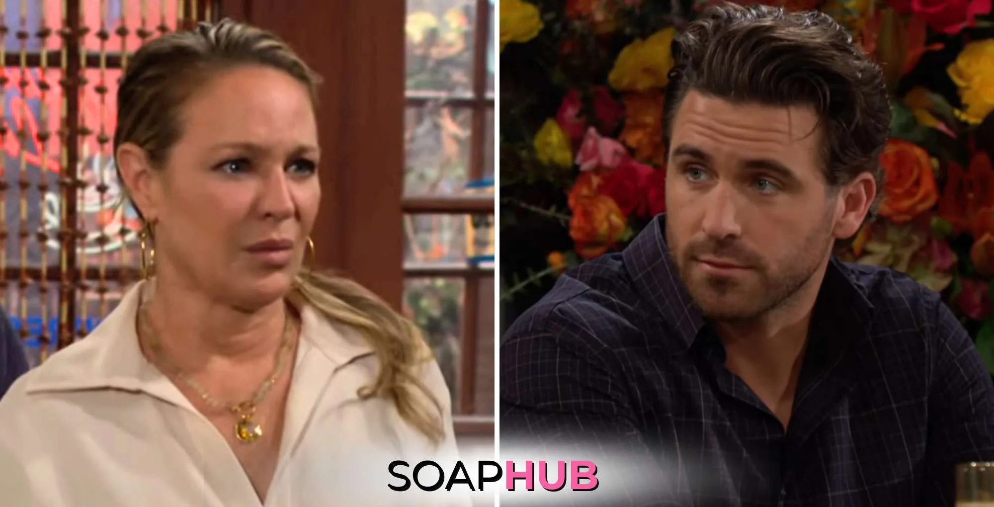 The Young and the Restless spoilers October 10 with Sharon, Chance, and the Soap Hub logo.