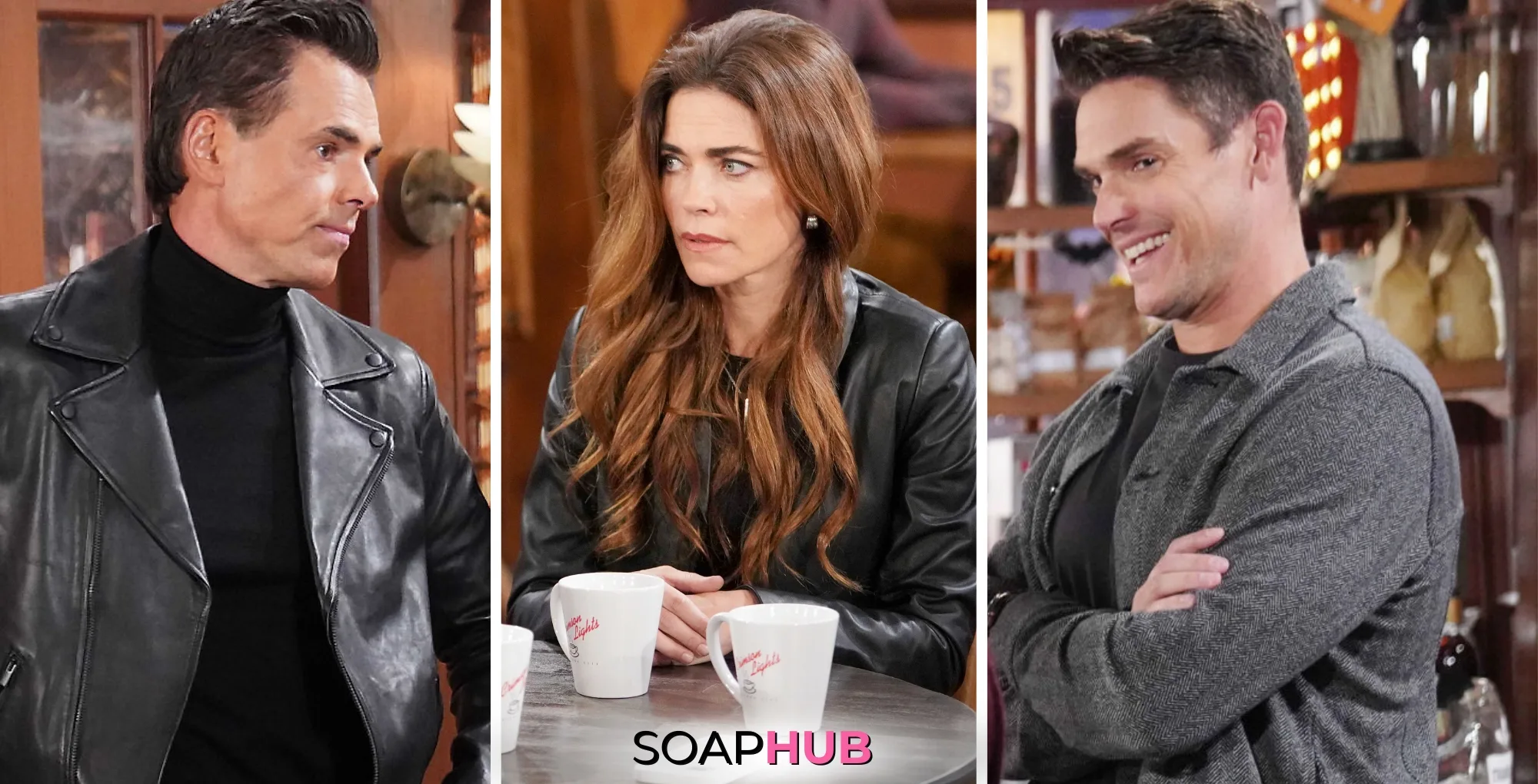 Young and Restless Spoilers October 31 Victoria, Adam, and Billy with the Soap Hub logo.