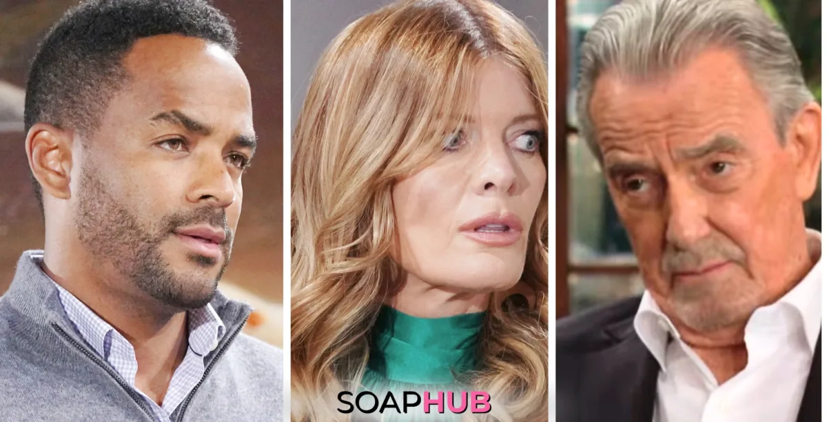 Young and the Restless Spoilers Weekly Update October 21-15: Nate, Phyllis, and Victor with the Soap Hub logo.