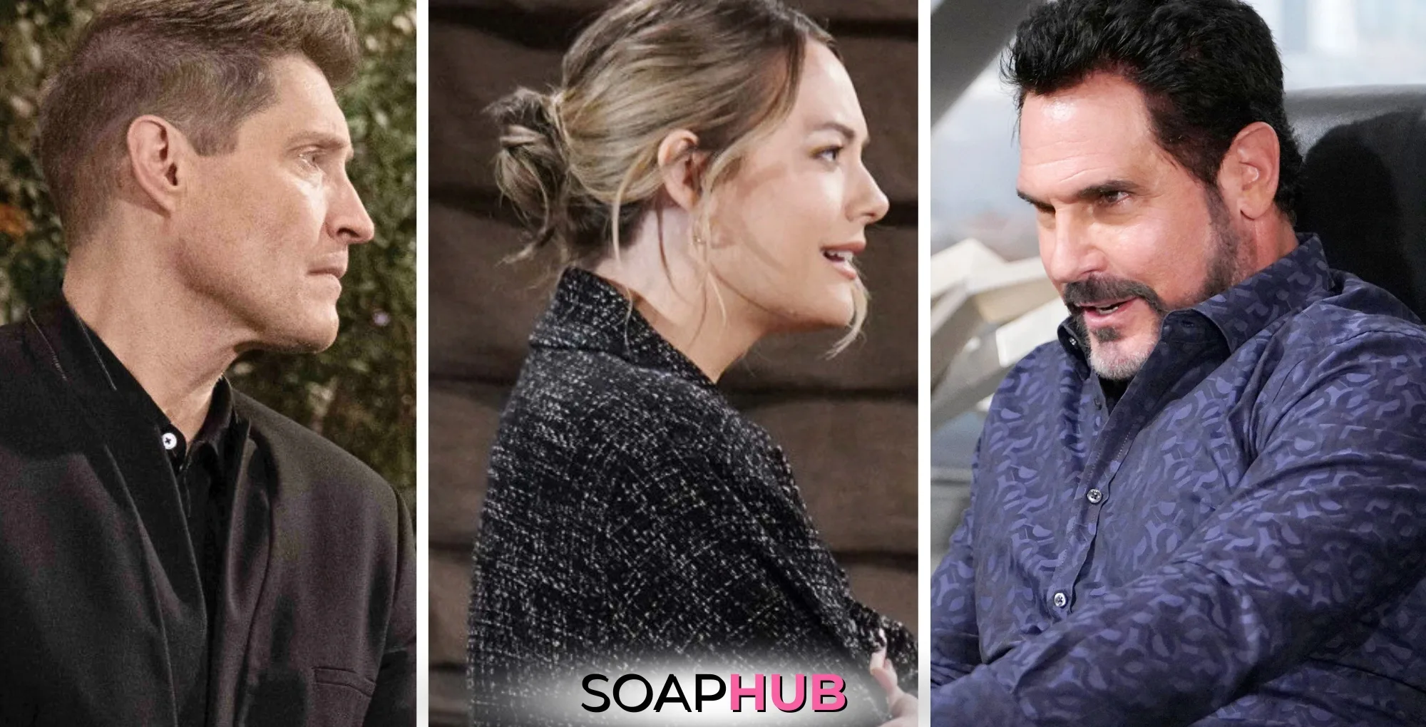 Bold and the Beautiful Spoilers Weekly Update December 2-6 Deacon, Hope, and Bill with the Soap Hub logo.