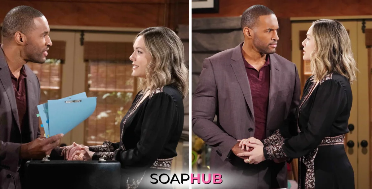 The Bold and the Beautiful couple Carter and Hope with the Soap Hub logo.