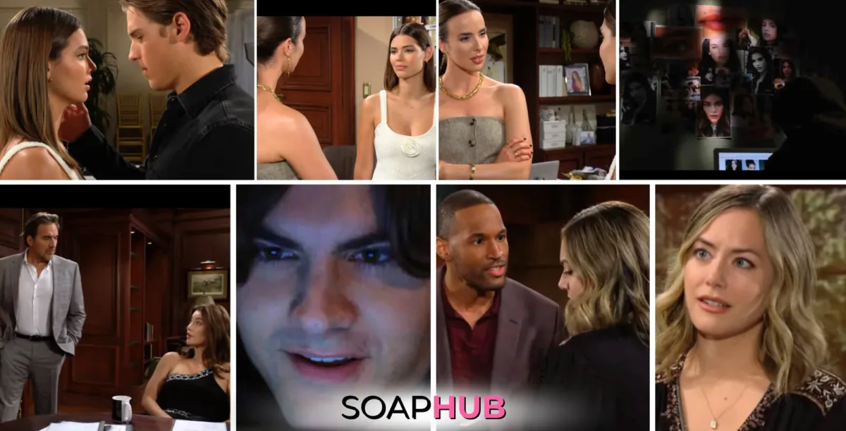 The Bold and the Beautiful characters Electra, Will, Ivy, Ridge, Steffy, Remy, Carter, and Hope; with the Soap Hub logo.