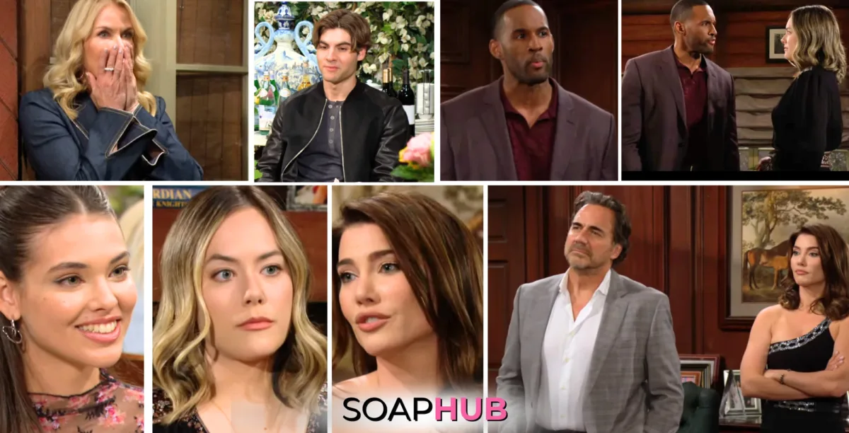 The Bold and the Beautiful characters Brooke, Remy, Carter, Hope, Electra, Steffy, and Ridge; with the Soap Hug logo.