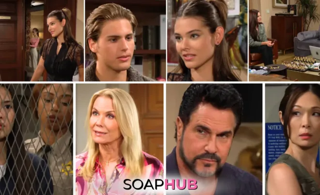 The Bold and the Beautiful characters Will, Electra, Katie, Bill, Luna, Brooke, and Poppy; with the Soap Hub logo.