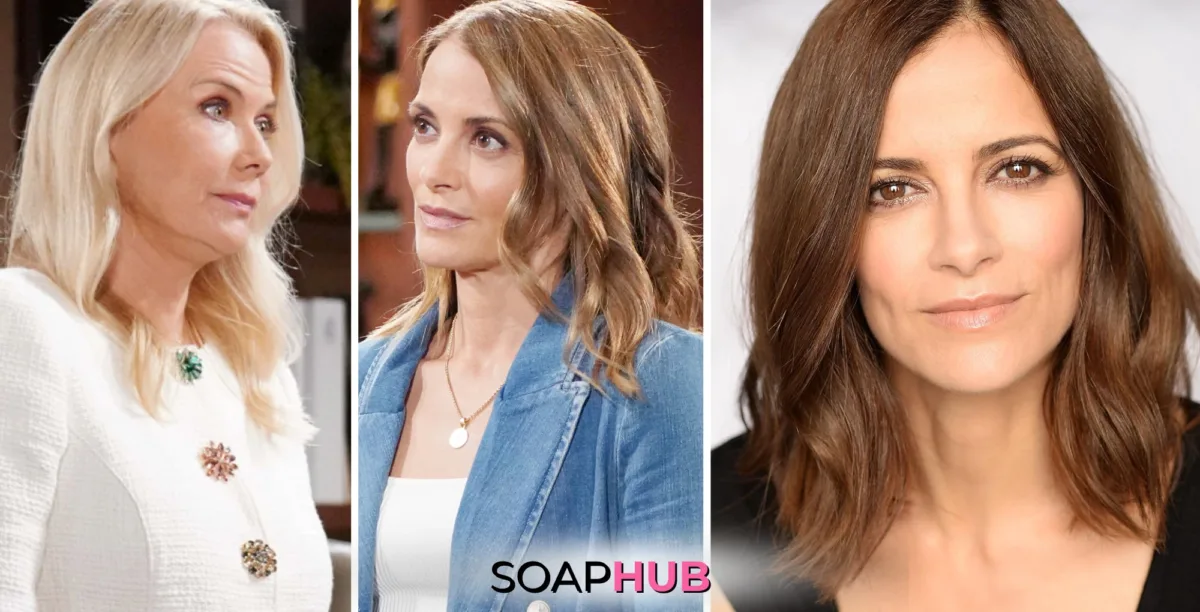 Image of Bold and the Beautiful's Brooke and Taylor, and Rebecca Budig with the Soap Hub logo.