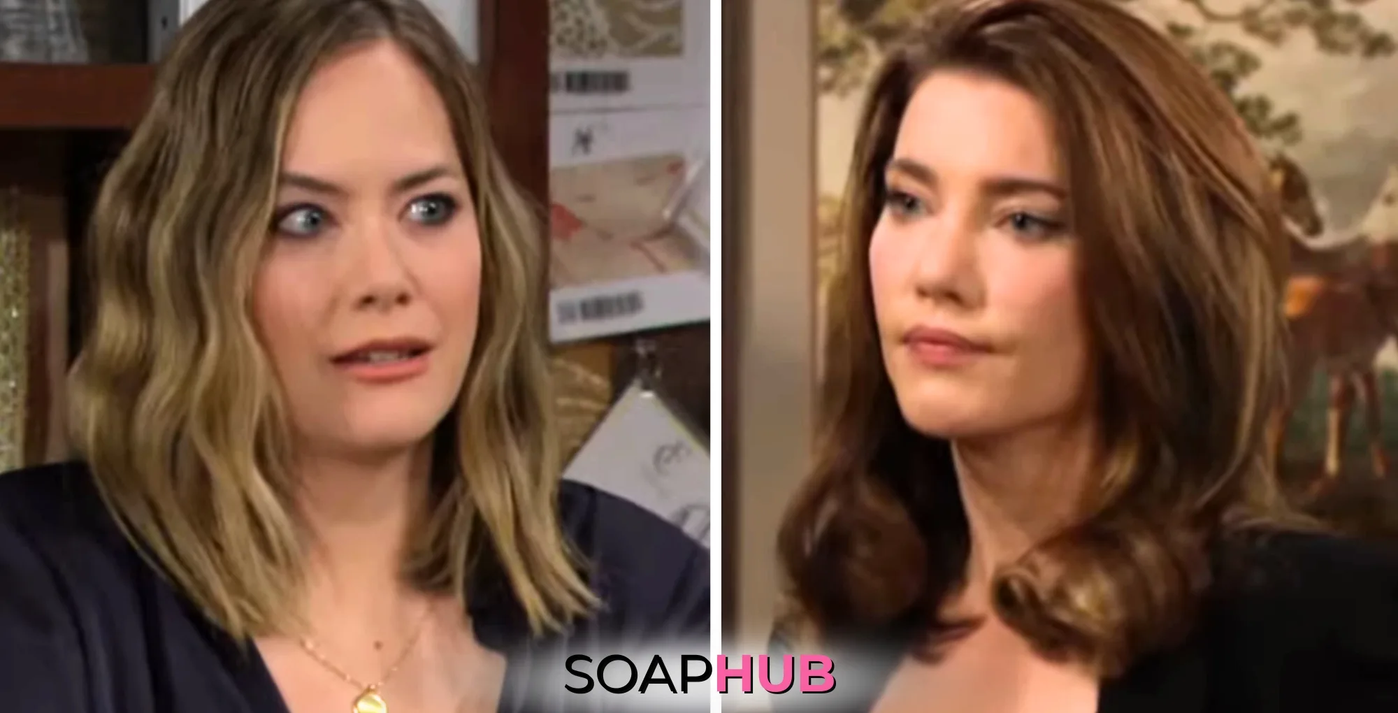 Image of Boldand Beautiful's Hope and Steffy with the Soap Hub logo.