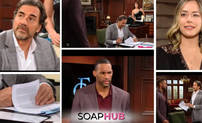 Bold and the Beautiful's Ridge, Carter, and Hope with the Soap Hub logo.