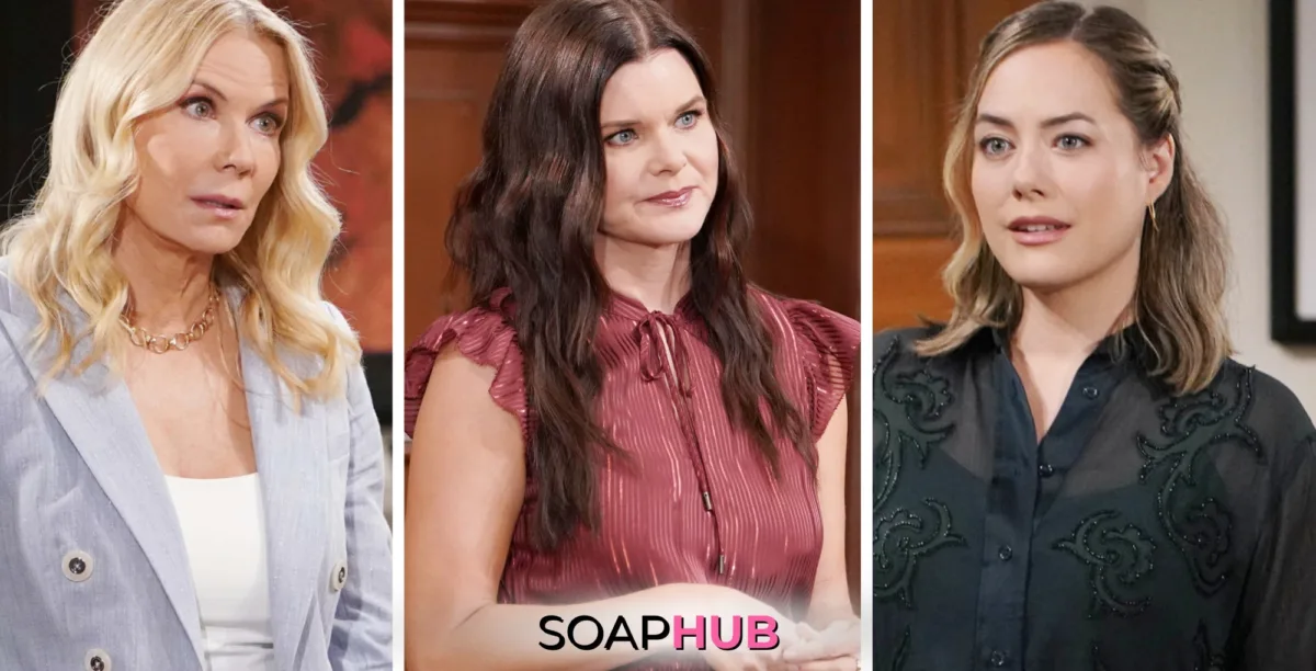 The Bold and the Beautiful's Brooke, Katie, and Hope with the Soap Hub logo.