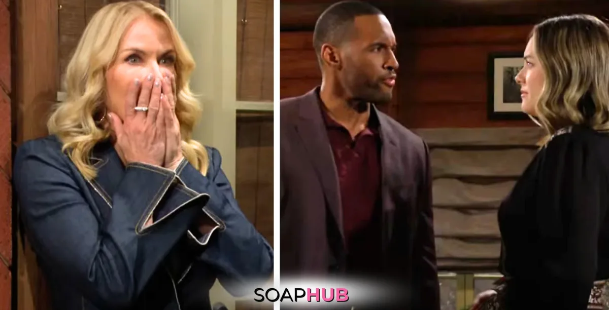 Bold and the Beautiful Spoilers for Thursday, November 21, Episode 9408 Feature Brooke, Carter and Hope with the Soap Hub Logo Across t he Bottom.