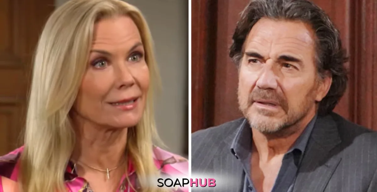 Bold and the Beautiful Spoilers for Monday, November 4, Episode 9395 Feature Brooke and Ridge with the Soap Hub Logo Across the Bottom.