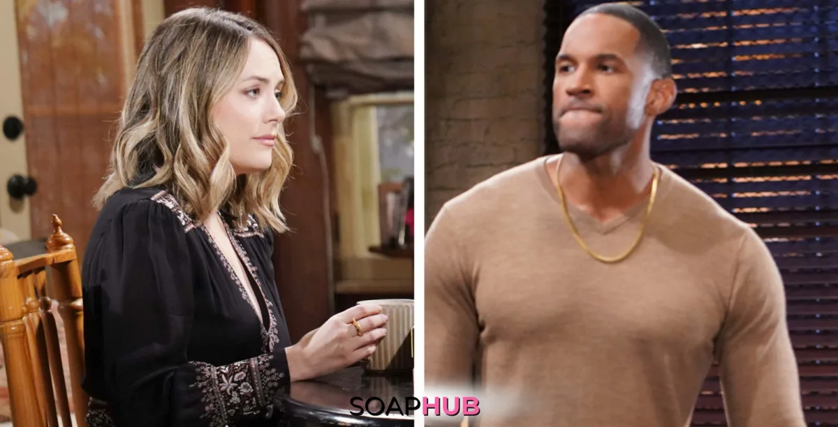 Bold and the Beautiful Spoilers for Monday, November 18, Episode 9405 Feature Carter and Hope with the Soap Hub Logo Across the Bottom.