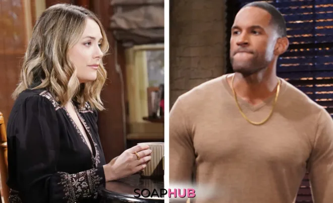 Bold and the Beautiful Spoilers for Monday, November 18, Episode 9405 Feature Carter and Hope with the Soap Hub Logo Across the Bottom.