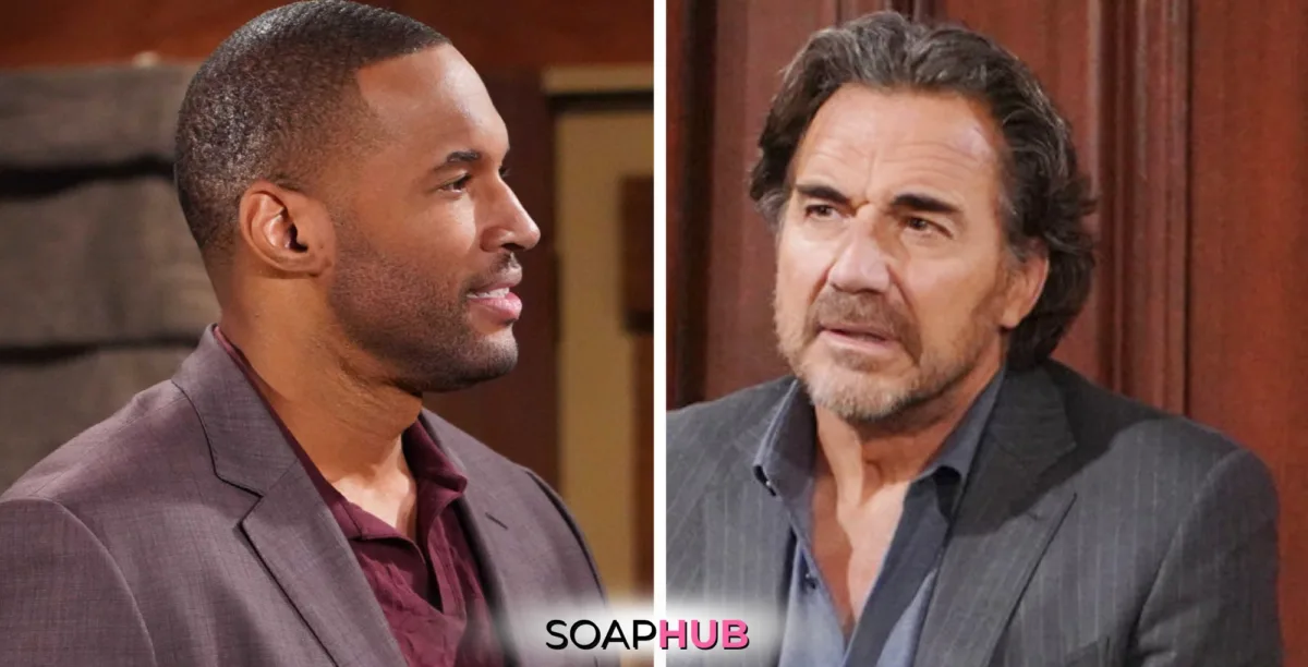 Bold and the Beautiful Spoilers for Wednesday, November 20, Episode 9407 Feature Carter and Ridge with the Soap Hub Logo Across the Bottom.