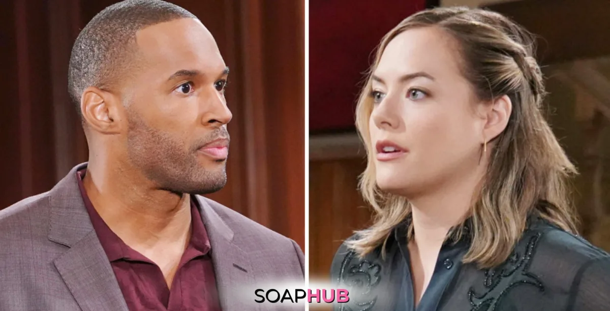 Bold and the Beautiful Spoilers for Friday, November 15, Episode 9404 Feature Carter and Hope with the Soap Hub Logo Across the Bottom.