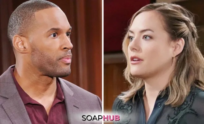 Bold and the Beautiful Spoilers for Friday, November 15, Episode 9404 Feature Carter and Hope with the Soap Hub Logo Across the Bottom.