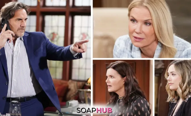 Bold and the Beautiful Spoilers for Tuesday, November 19, Episode 9406 Feature Ridge, Brooke, Katie and Hope with the Soap Hub Logo Across the Bottom.