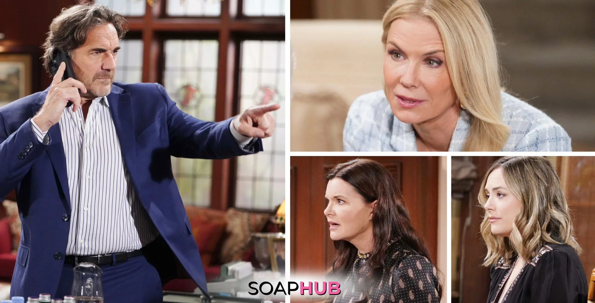 Bold and the Beautiful Spoilers for Tuesday, November 19, Episode 9406 Feature Ridge, Brooke, Katie and Hope with the Soap Hub Logo Across the Bottom.