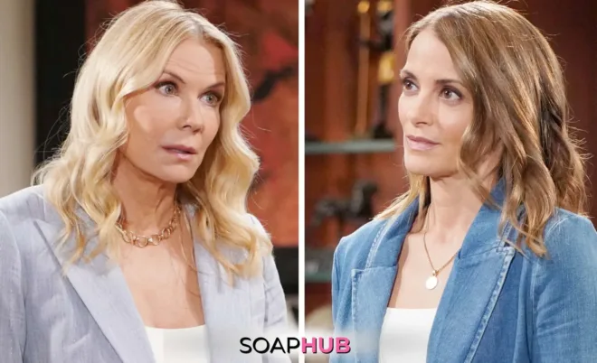 Bold and the Beautiful Spoilers for Monday, November 11, Episode 9400 Feature Brooke and Taylor with the Soap Hub Logo Across the Bottom.