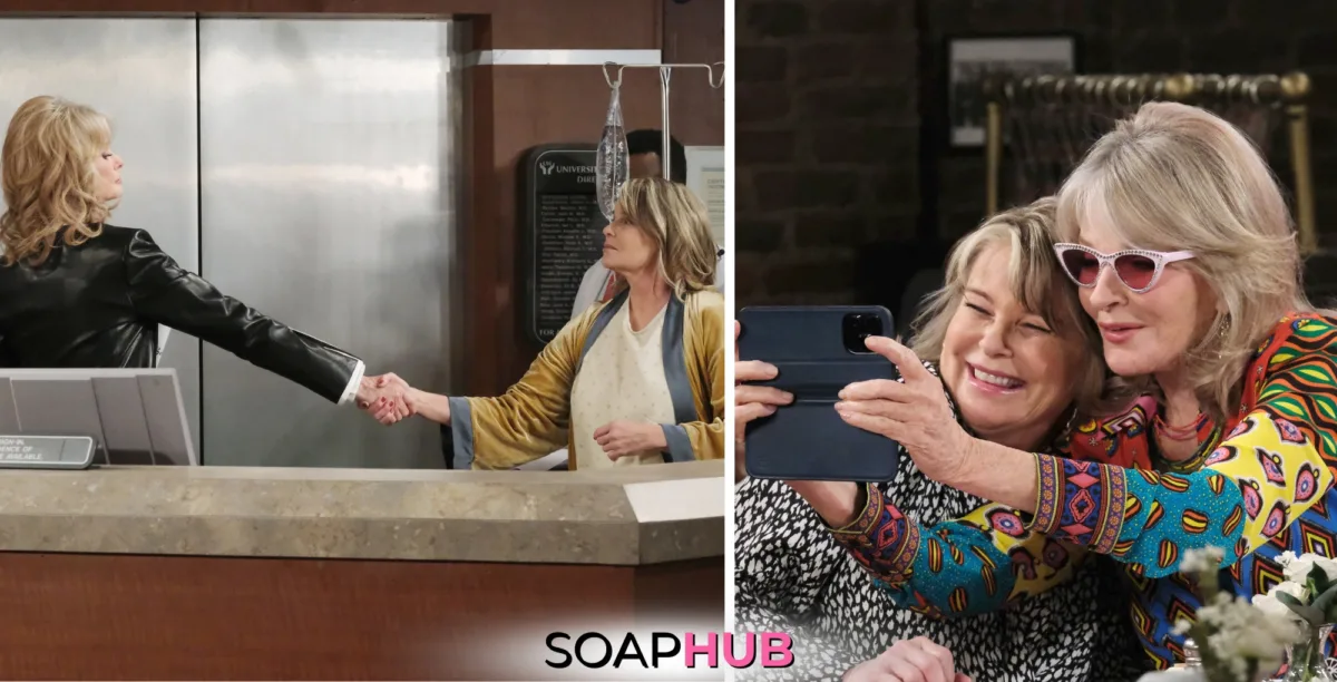 Hattie and Bonnie, who are part of Days of Our Lives' soap within a soap, Body and Soul, with Soap Hub logo