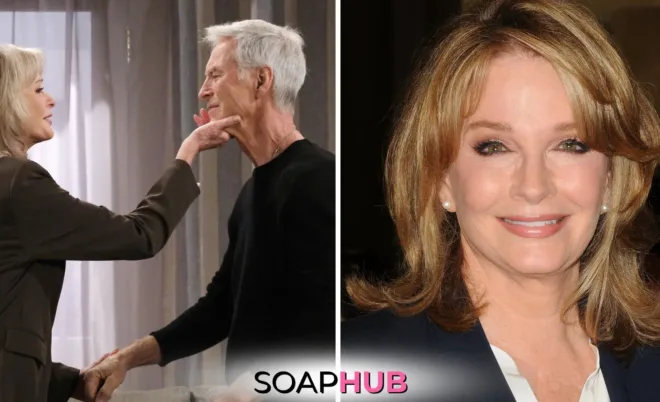 Days of Our Lives' Deidre Hall and Drake Hogestyn with the Soap Hub logo across the bottom.