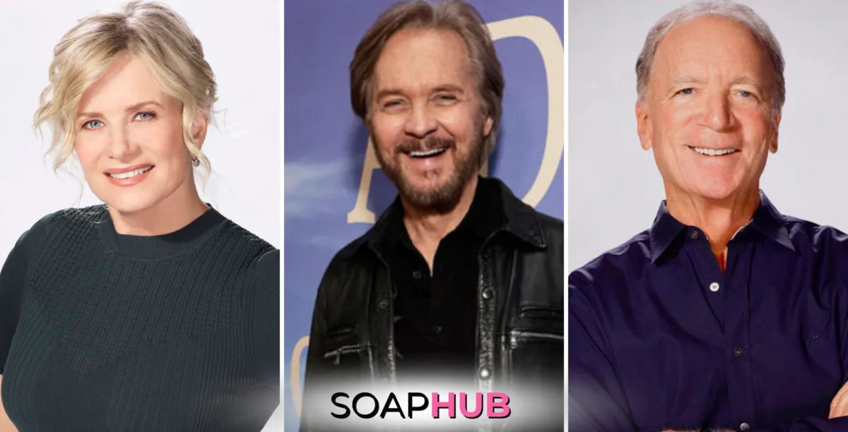 Days of our Lives Mary Beth Evans, Stephen Nichols, Ken Corday with the Soap Hub logo.