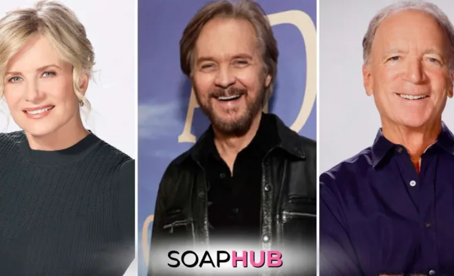 Days of our Lives Mary Beth Evans, Stephen Nichols, Ken Corday with the Soap Hub logo.