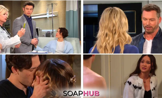 Collage of Friday, November 15 episode, with Soap Hub logo