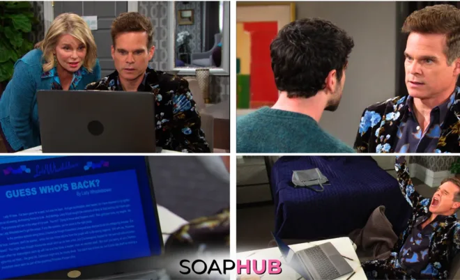 Collage of Tuesday, November 19 episode, with Soap Hub logo