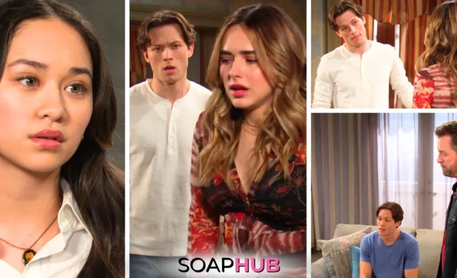 Collage of November 5 episode of Days of Our Lives featuring Tate, Holly, Sophia, and Brady, with Soap Hub logo.