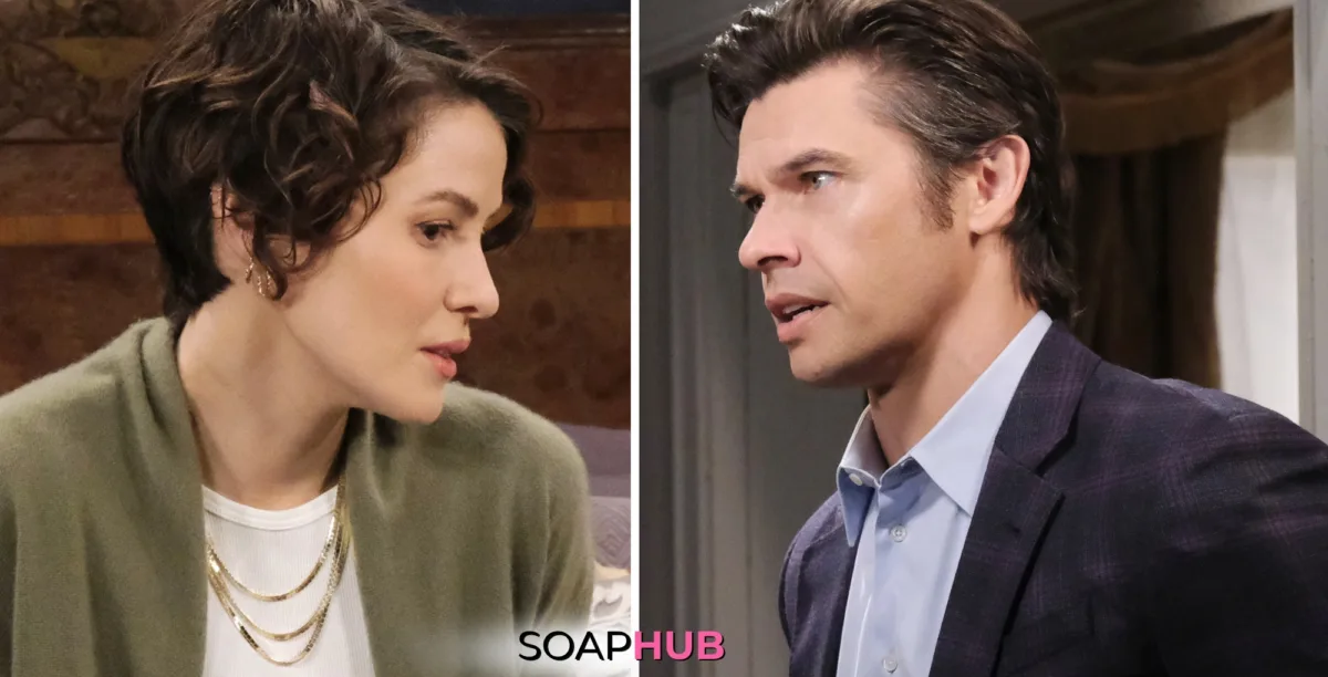 Days of our Lives Spoilers November 15 Xander and Sarah with the Soap Hub logo.