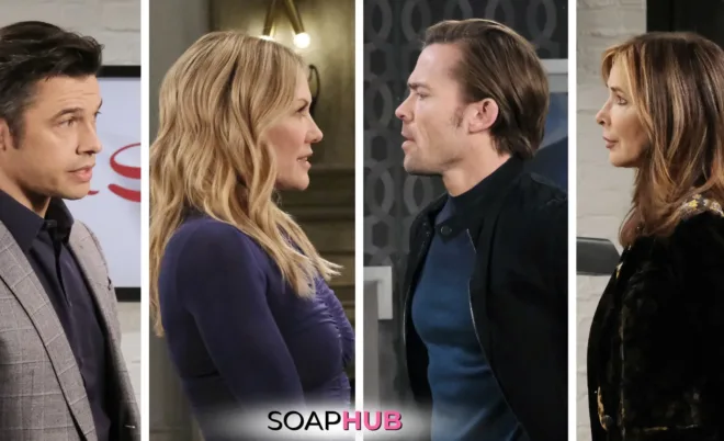 Days of our Lives Spoilers November 11 Xander, Kristen, Philip, Kate, and the Soap Hub logo.