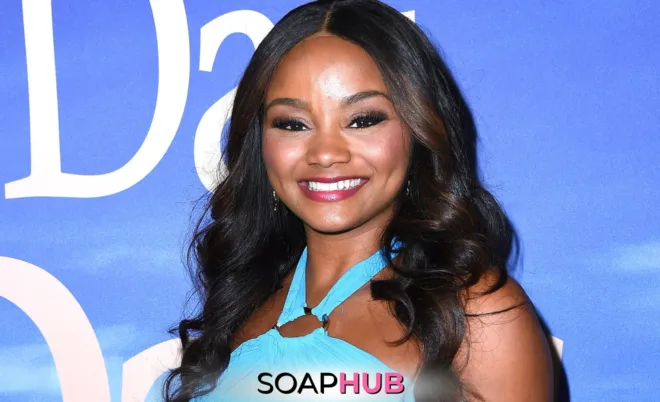 Days of Our Lives' Raven Bowens with the Soap Hub logo across the bottom.