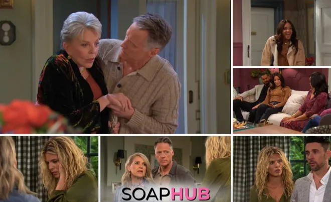 Collage of the Thanksgiving Day November 28 episode of Days of Our Lives, with Soap Hub logo