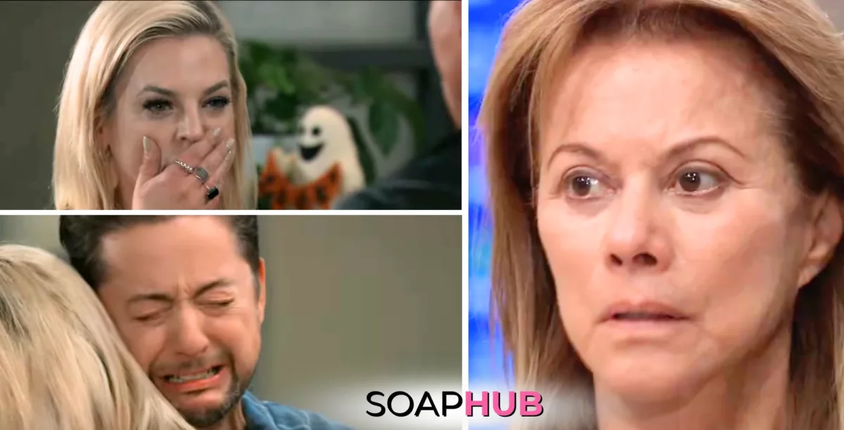 Maxie, Spinelli, and Alexis on General Hospital with the Soap Hub logo across the bottom.