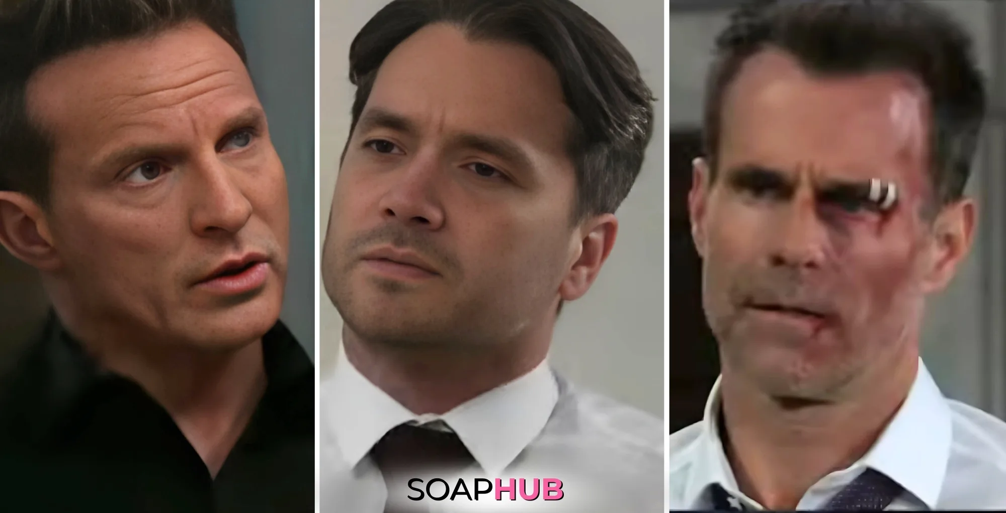 Jason, Dante, and Drew on General Hospital with the Soap Hub logo across the bottom.