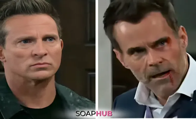 Jason and Drew on the November 13, 2024 episode of General Hospital with the Soap Hub across the bottom.