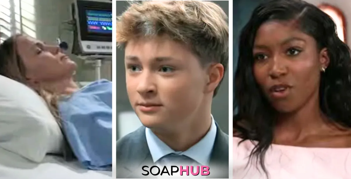 Lulu, Danny, and Trina on General Hospital with the Soap Hub logo across the bottom.