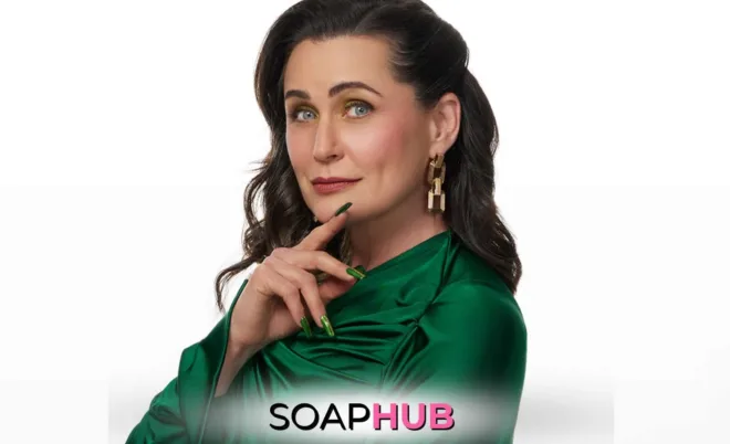 General Hospital Rena Sofer with the Soap Hub logo.