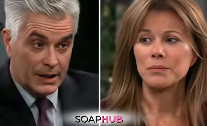 Alexis and Ric face off in General Hospital spoilers for November 18, 2024, with the Soap Hub logo