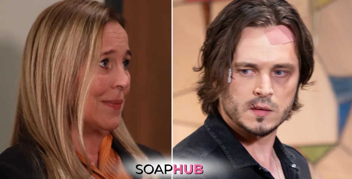 Laura and Lucky receive news in General Hospital spoilers for Tuesday, November 12, 2024, with the Soap Hub logo