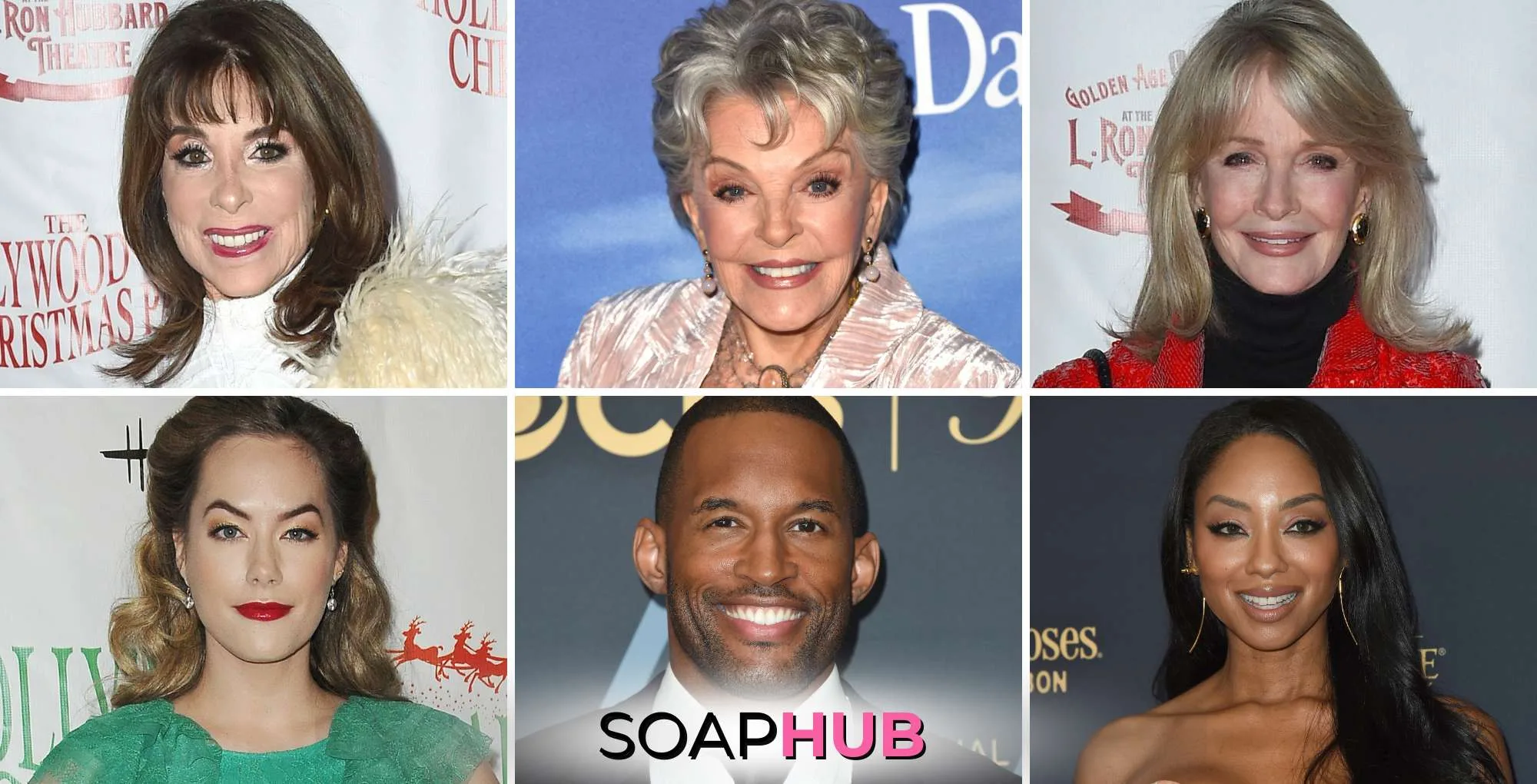 Kate Linder, Susan Hayes, Deidre Hall, Annika Noelle, Lawrence Saint-Victor, and Tanisha Harper with the Soap Hub logo.